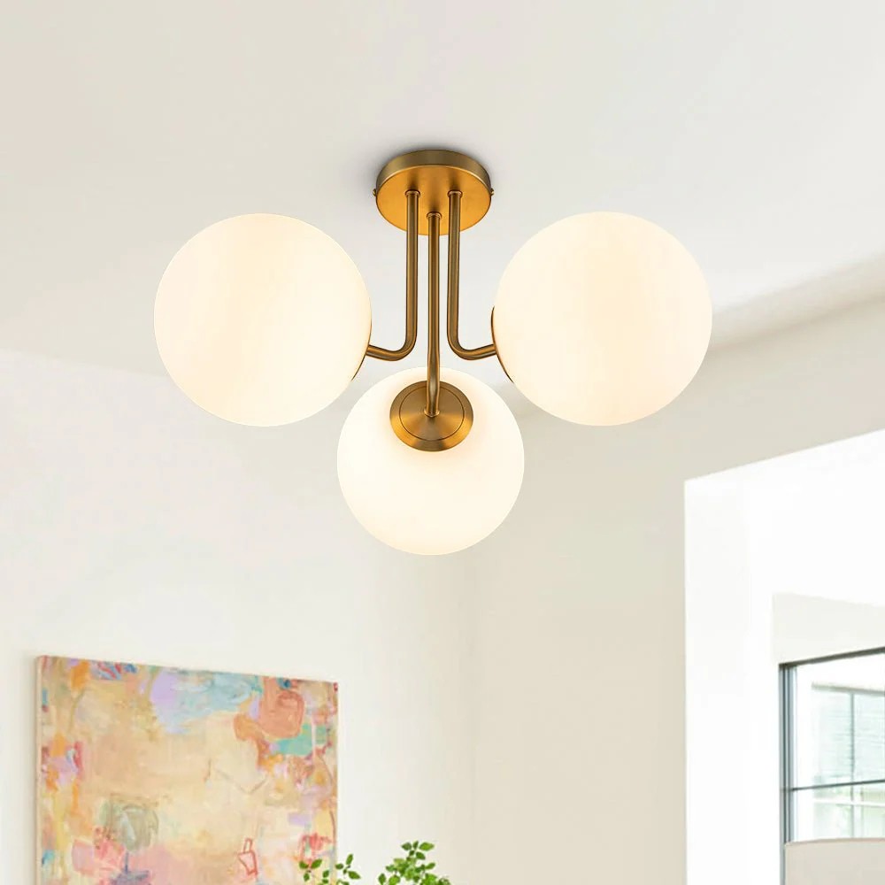 Ophelia Gold Chandelier | Mid-Century Design, Frosted Glass Globes 3